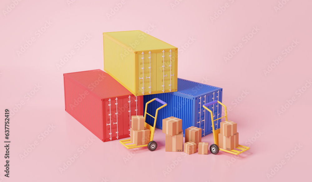 Isometric distribution container shipping warehouse customer package delivery transportation stack cardboard boxes with trolleys used in warehouse on pink background. 3d render illustration