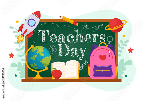 Happy Teacher's Day Vector Illustration with School Equipment Such as Blackboards, Pencils, Bags, Books and Others in Flat Cartoon Background