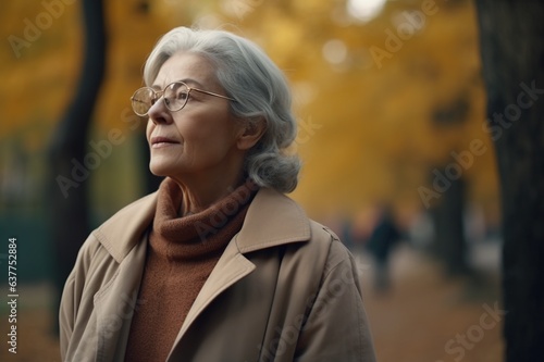 Smiling cheerful gray-haired mature woman walks in the urban autumn forest park. generative AI
