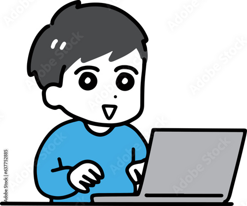 パソコンを使っている私服の若い男性(上半身)