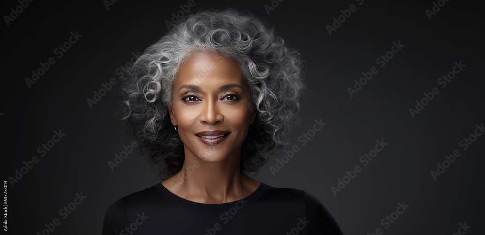 Beautiful black woman with smooth healthy face skin. Gorgeous aging mature woman with long gray hair and happy smiling. Beauty and cosmetics skincare advertising concept Beautiful black woman with smooth healthy face skin. Gorgeous aging mature woman with long gray hair and happy smiling. Beauty and cosmetics skincare advertising concept