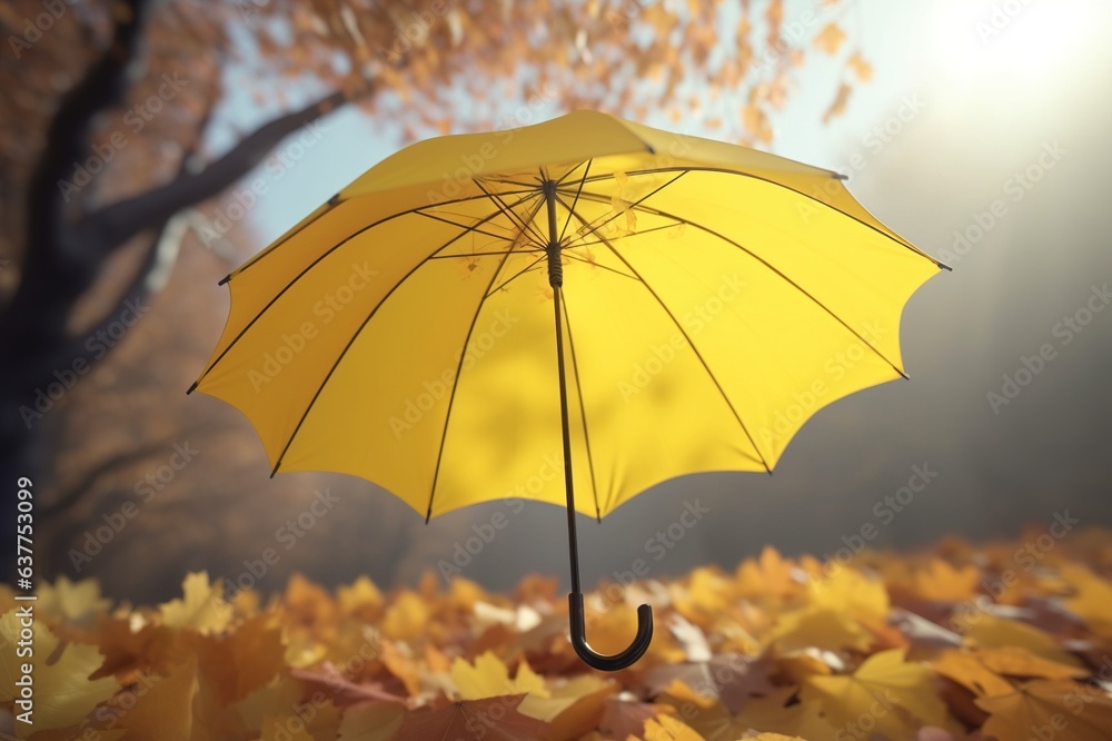 a yellow umbrella lies on autumn leaves against the backdrop of an autumn park. autumn. generative AI