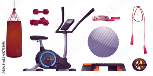 Vector sport gym exercise equipment cartoon set. Fitness furniture for home with weight, elliptical trainer, ball pear, jump rope and dumbbell. Isolated aerobic element collection with wheel roller