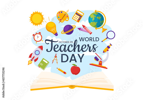 Happy Teacher's Day Vector Illustration with School Equipment Such as Blackboards, Pencils, Bags, Books and Others in Flat Cartoon Background