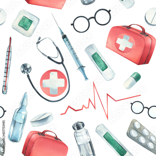 A set of medical equipment with a red first aid case. Watercolor illustration, hand drawn. Seamless pattern on a white background, for the design and design of hospitals, clinics, pharmacies