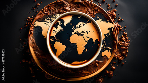 a cup of coffee with a map of the world. International coffee day