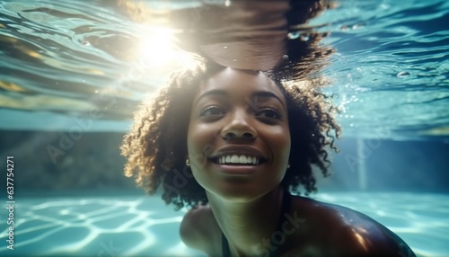 Happy black Afro American woman swimming under water