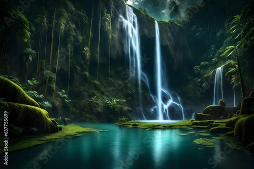 Amazing waterfall near Ubud in Bali, Indonesia. Secret Bali jungle Waterfall 3d render