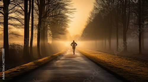 With the sunrise as a backdrop, a young fitness enthusiast goes for a run
