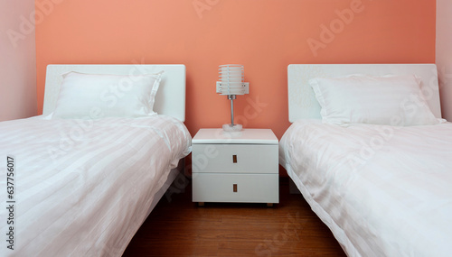 Two beds bedroom with bedside table and lamp
