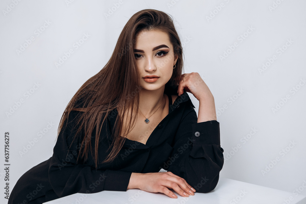 Close up fashion portrait of young pretty indian latin american woman posing in photo studio on white background. Hispanic lady, skin care, solarium, make up, cosmetology
Close up fashion portrait of young pretty indian latin american woman posing in photo studio on white background. Hispanic lady, skin care, solarium, make up, cosmetology