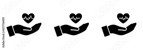 Open hand icon with heart rate icon. medical heart icon on hand symbol set of three. Vector illustration. Flat. 