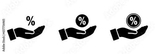 Hand icon with percentage icon. percent icon on hand symbol set of three. Vector illustration. Flat. 