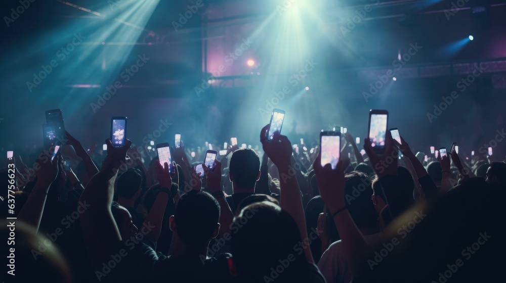 Amidst the live concert, a hand uses a smartphone to capture the experience
