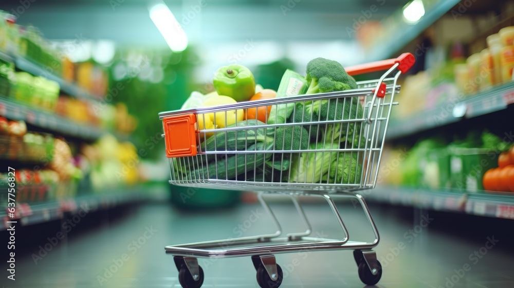 shopping cart filled with supermarket groceries set against a blurred backdrop