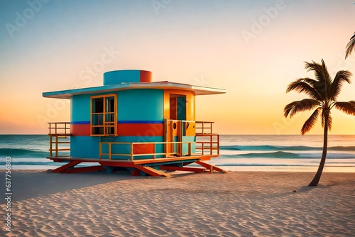 Sunrise in Miami Beach Florida, with a colorful lifeguard house in a typical Art Deco architecture, at sunrise with ocean and sky in the background. 3d render