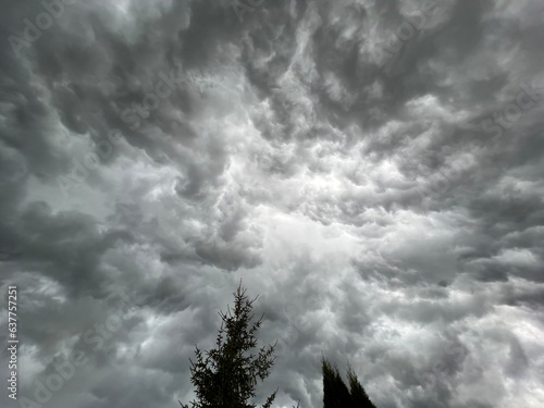 Storm dramatic sky with dark gloomy gray clouds. Bad weather meteorological background