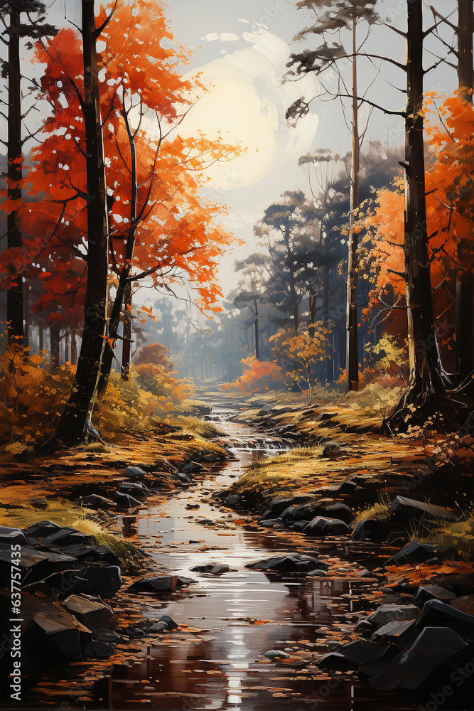 Colorful autumn landscape with river, forest and sunset. Digital painting
