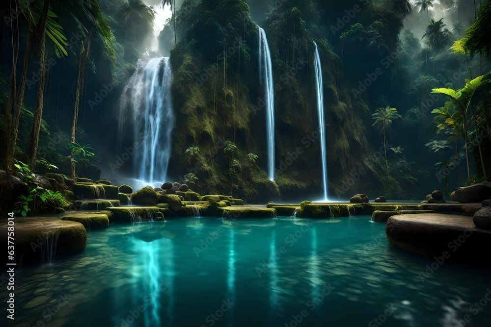 Amazing waterfall near Ubud in Bali, Indonesia. Secret Bali jungle Waterfall 3d render 