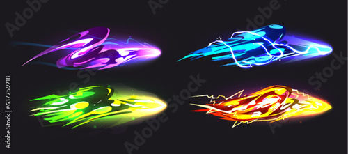 Magic spell game vfx light trail in neon green isolated on dark background. Magician witch energy effect with purple shine and sparkle vector cartoon ui kit. Fantasy cosmic vibrant wizard shape