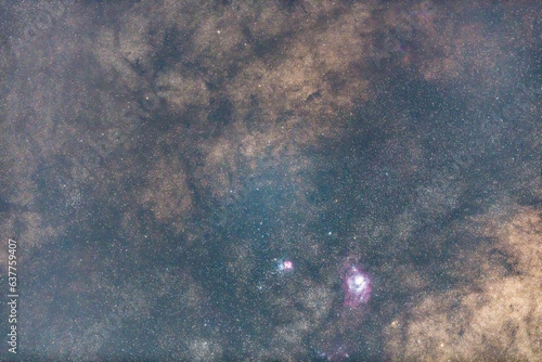 The stars at night with the Lagoon and Trifid Nebulae in the Milky Way
