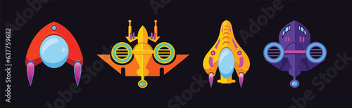 Bright Alien Spaceship Game Icons on Dark Background Vector Set