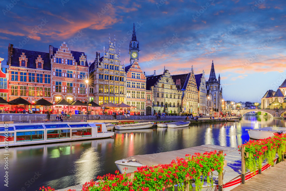 Ghent (Gent), Belgium. Graslei quay and Leie river at twilight.