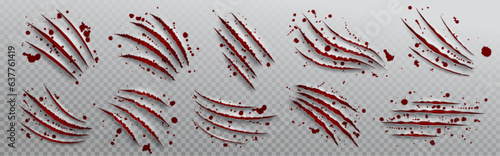 Tiger claw scratch with blood drop vector attack. Bear torn paper mark with nail on red background. Scary wild cat paw with nail damage and shred shape surface isolated 3d transparent trace set.