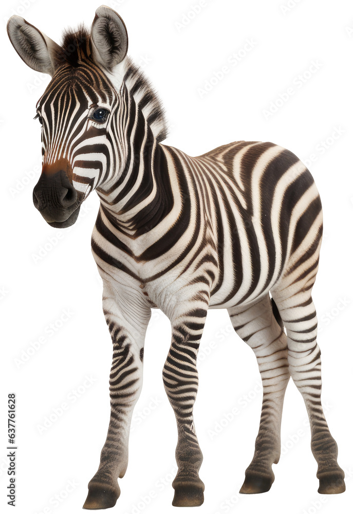Cute african baby zebra isolated on a white background as transparent PNG, animal