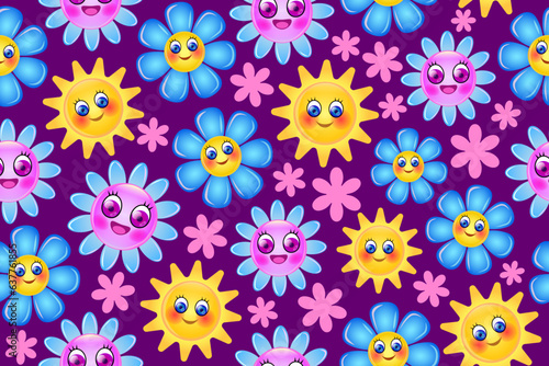 Seamless pattern with smiling flowers. Colorful floral pattern with cute smiling flowers.