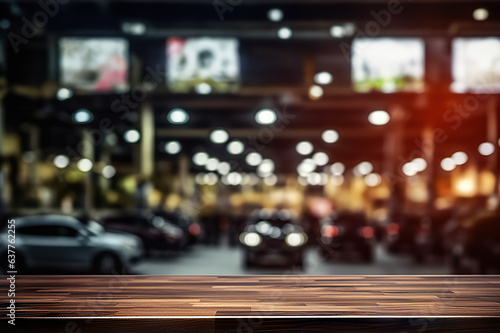 Showroom Elegance Empty Wooden Table Amidst Blurred Car Showroom with Bokeh Lights. created with Generative AI
