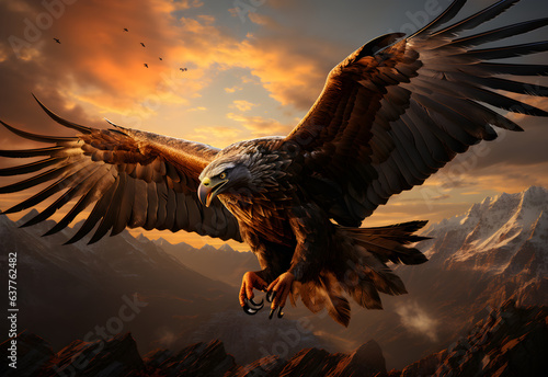A golden eagle flying in the sky at sunset