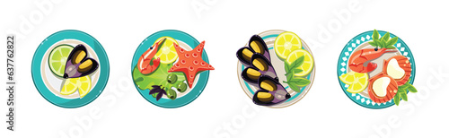 Seafood Dish and Food Design Served on Plate Vector Set