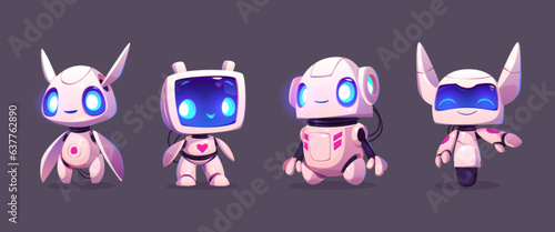 Cute ai robot evolution mascot cartoon vector set. Digital modern computer bot design icon isolated. Artificial intelligence mechanical companion friend for communication and education in internet.