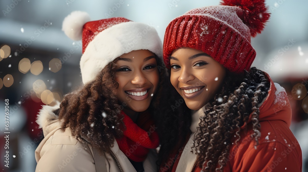 Happy african american women in christmas hats and scarves looking at camera Happy african american women in christmas hats and scarves looking at camera