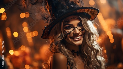 Beautiful young woman in halloween witch costume and hat. Halloween background with witch. Holiday event halloween banner background concept.