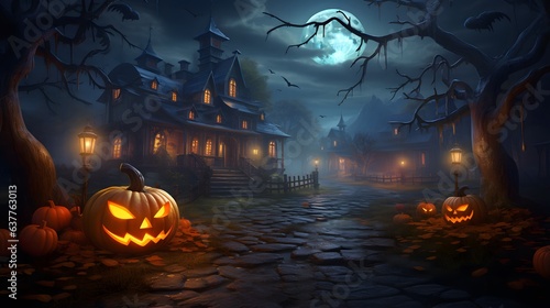 Photo Halloween background with pumpkins and haunted house - 3D render