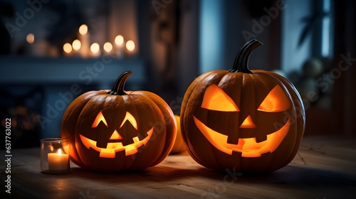 Halloween pumpkins with burning candles on wooden table in dark room