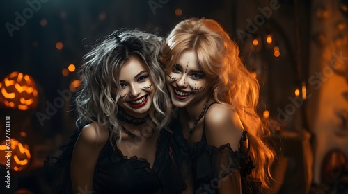 Two beautiful women with Halloween make-up and hairstyle. Halloween Party.