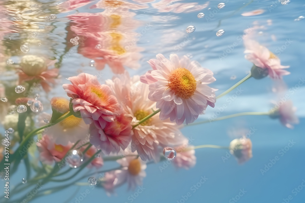 Creative floral concept. Fresh pastel blossom spring flowers underwater. advertisement, banner, ad, poster, wallpaper. 
