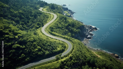 Generative AI, Aerial view of curved asphalt road near the ocean or sea, coastline
