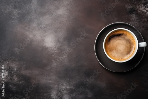 Laptop and coffee cup on black background. Top view with copy space
