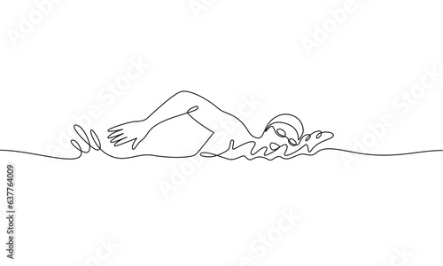 Continuous line swimmer on marathon swimming across river, sea, lake. Sports, triathlon, marathon, swimming. Vector illustration