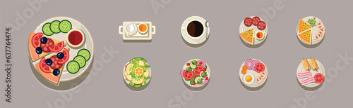 Breakfast Food and Meal Served on Plate Vector Set