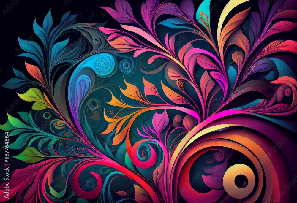 A vibrant abstract background with swirling patterns and leaf motifs A vibrant abstract background with swirling patterns and leaf motifs