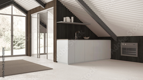 Tableau sur toile Minimal mansard in white tones, kitchen with cabinets