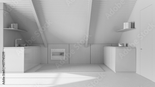 Total white project draft  modern mansard mezzanine  kitchen with cabinets and appliances. Iron beams and resin floor. Minimalist interior design