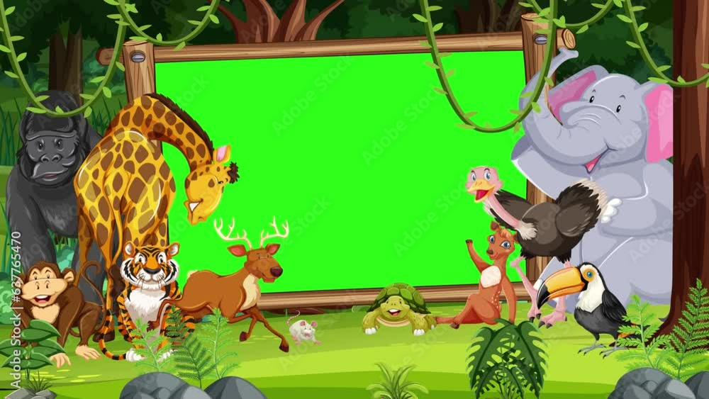 Wooden sign banner with green screen background featuring wild animals ...