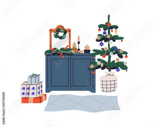 Christmas home decorations. Xmas tree decorated with ornaments, candles, gift...