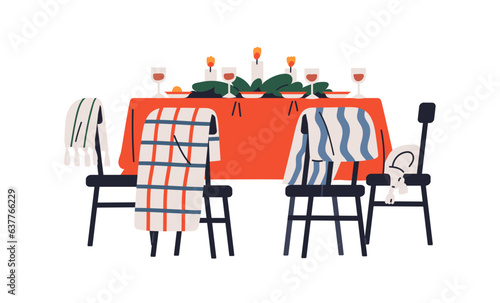Christmas dining table for festive dinner, holiday meal. Xmas and New Year decorations, candles, decor, tableware served for party celebration. Flat vector illustration isolated on white background